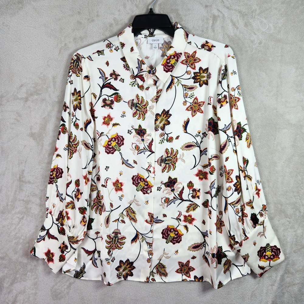 CeCe Floral Button Down Blouse Womens 2X Buttercream Long Sleeve Pearl Cuffs New